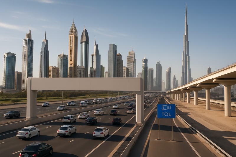 A view of Dubai’s modern toll roads with the city skyline in the background A view of Dubai’s modern toll roads with the city skyline in the background